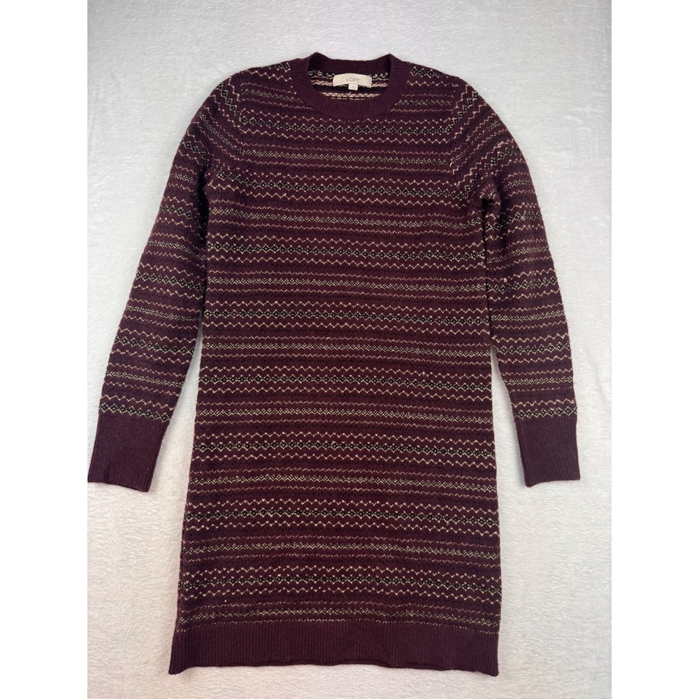 Loft Burgundy Fair Isle Metallic Knit Sweater Dress Long Sleeve Wool Blend S
